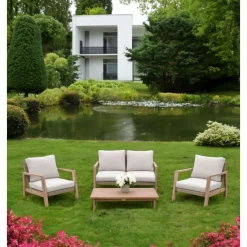 Garden Pleasure Lounge-Set SAN MATEO, 4-teilig, Eukalyptus,Geflecht,Polyester100%