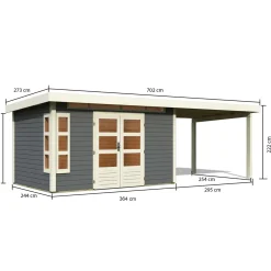 Karibu Blockbohlenhaus Kastorf 7 terragrau mit Anbaudach