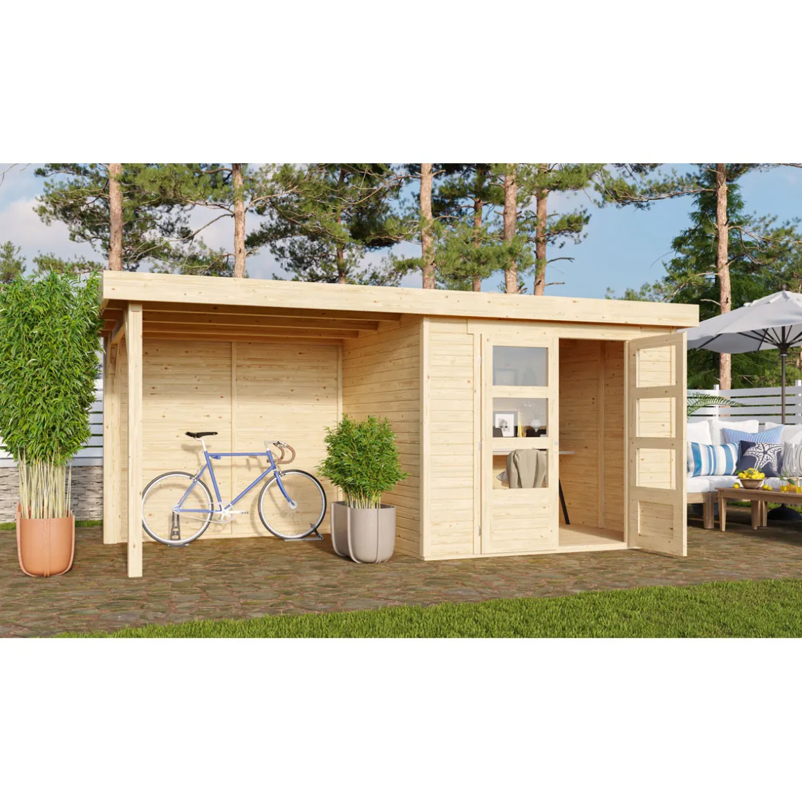 Karibu BBH Askola 3 Set mit Anbaudach naturbelassen