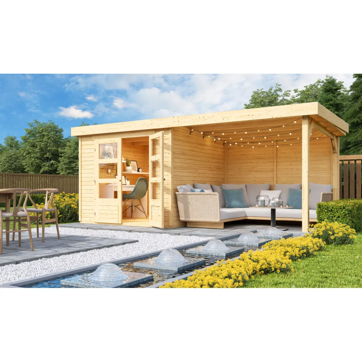 Karibu BBH Askola Set mit Anbaudach naturbelassen