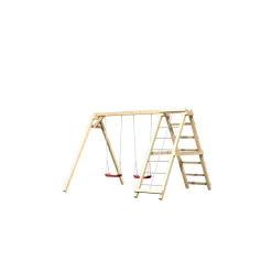 Karibu Doppelschaukel Felix mit Klettergerüst und Netzrampe naturbelassen