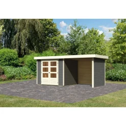 Karibu Gartenhaus-Set Askola 3 mit Anbaudach 2,40 m mit Seiten- und Rückwand terragrau