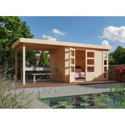 Karibu Gartenhaus-Set Kerko 4 mit Anbaudach 2,8 m naturbelassen