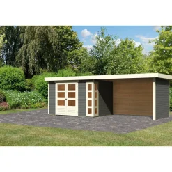 Karibu Gartenhaus-Set Kerko 4 mit Anbaudach 2,8 m mit Seiten- und Rückwand terragrau