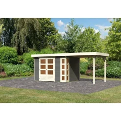 Karibu Gartenhaus-Set Kerko 4 mit Anbaudach 2,4 m terragrau