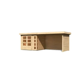 Karibu Gartenhaus-Set Kerko 3 mit Anbaudach 2,8 m mit Seiten- und Rückwand naturbelassen