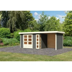 Karibu Gartenhaus-Set Kerko 4 mit Anbaudach 2,4 m mit Seiten- und Rückwand terragrau
