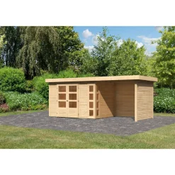 Karibu Gartenhaus-Set Kerko 4 mit Anbaudach 2,4 m mit Seiten- und Rückwand naturbelassen