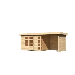 Karibu Gartenhaus-Set Kerko 4 mit Anbaudach 2,4 m mit Seiten- und Rückwand naturbelassen