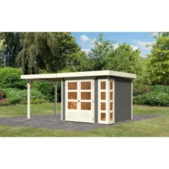Karibu Gartenhaus-Set Kerko 3 mit Anbaudach 2,4 m terragrau