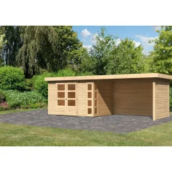 Karibu Gartenhaus-Set Kerko 4 mit Anbaudach 2,8 m mit Seiten- und Rückwand naturbelassen