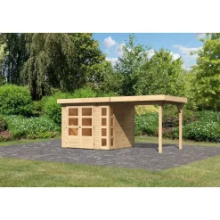 Karibu Gartenhaus-Set Kerko 3 mit Anbaudach 2,4 m naturbelassen